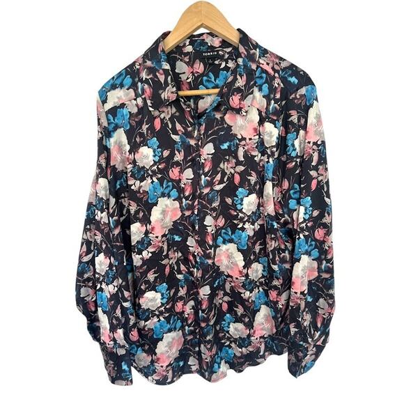 Torrid Madison Shirt Womens Size 1 1X Satin Button Up Blouse Long Sleeve Floral - Picture 2 of 9